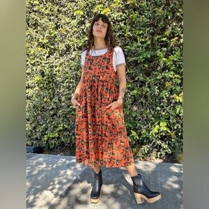 Nooworks Pots Naomi Linen dress- Rusty Orange Midi Dress with Black Accents.